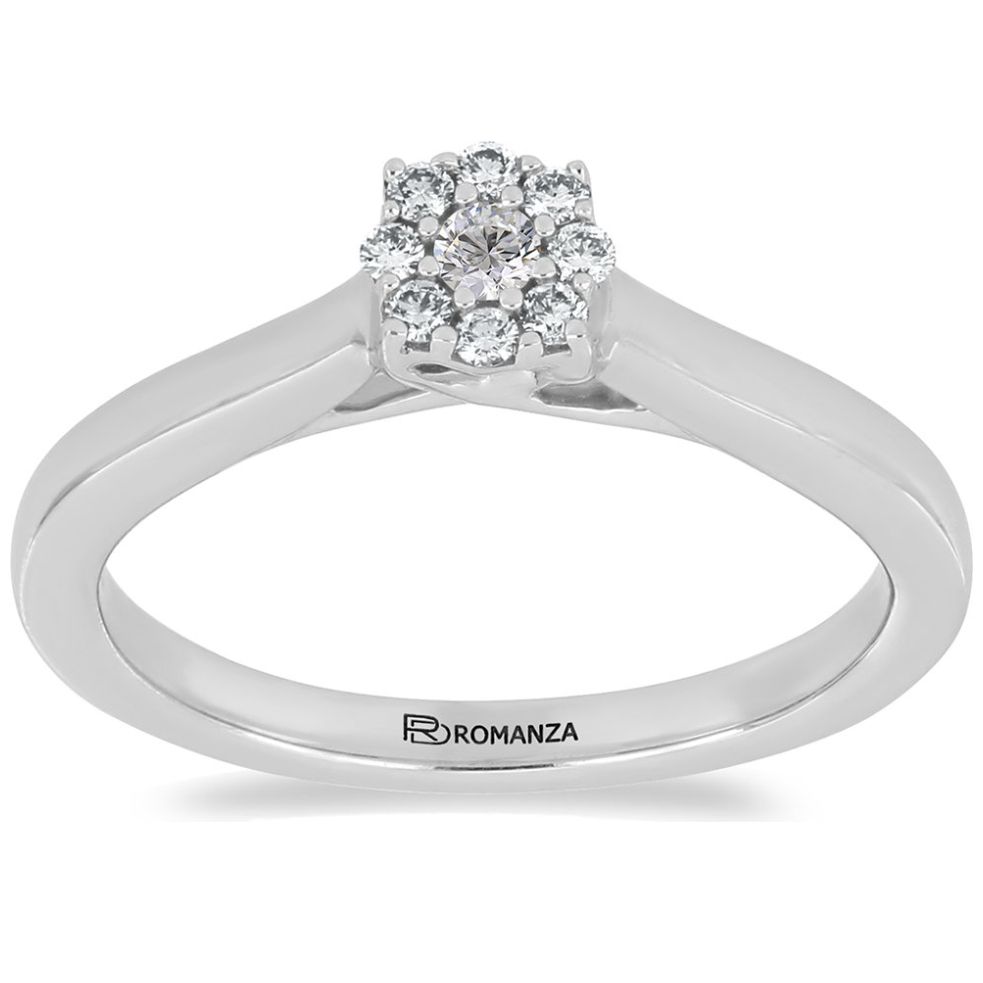 Anillo de Compromiso Roseta Oro Blanco 14K y .15 Qts Diamante Romanza