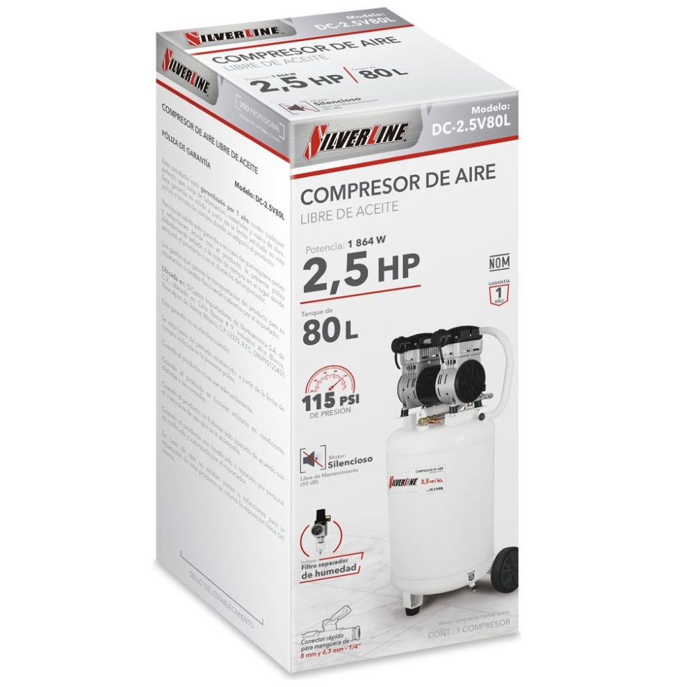 Compresor de Aire Libre de Aceite 2.5 Hp Vertical Dc-2.5V80L Silverline