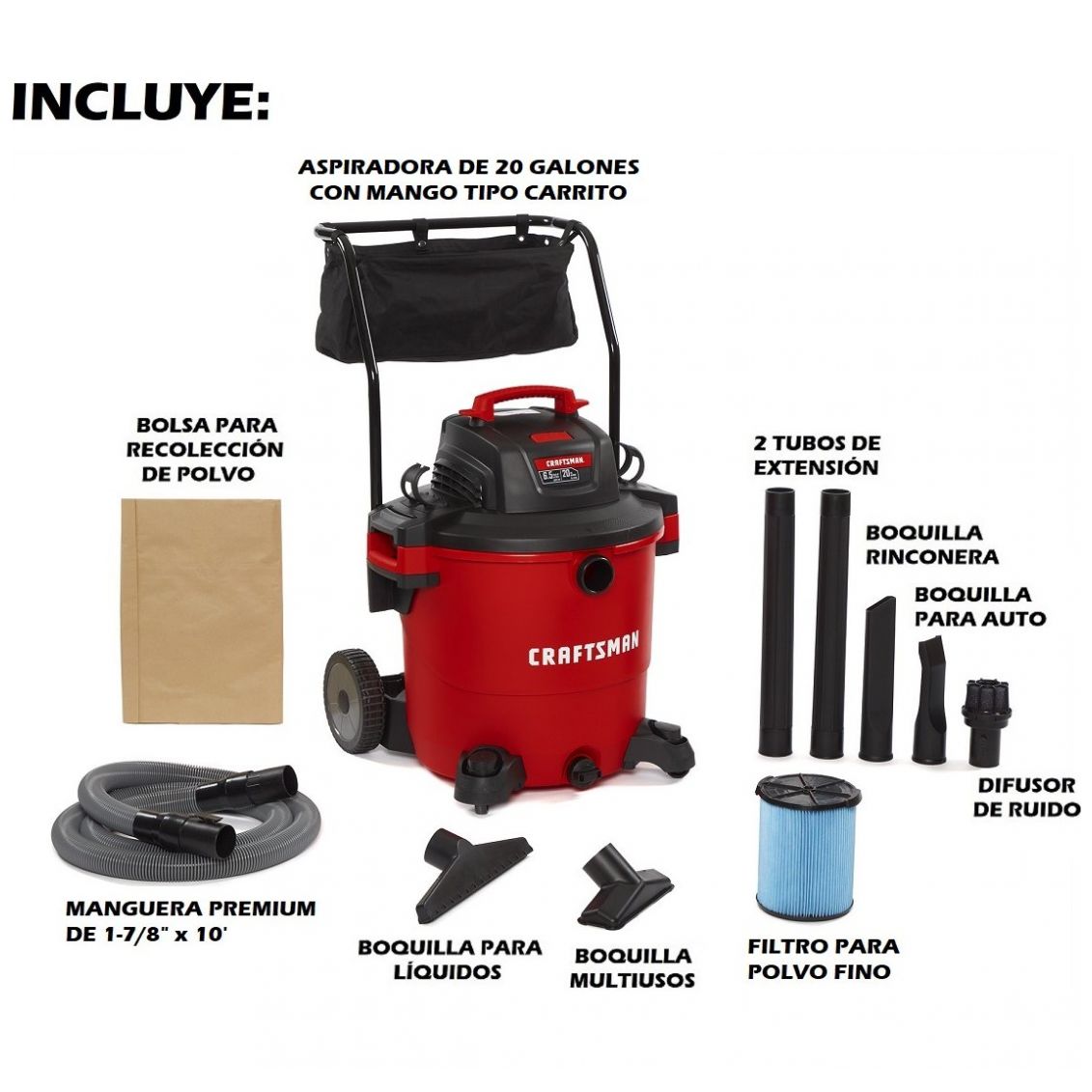 Aspiradora de 20 Galones y 6.5 Hp para Seco y Mojado con Mango de Carrito Mod. Cmxevbe17656 Craftsman