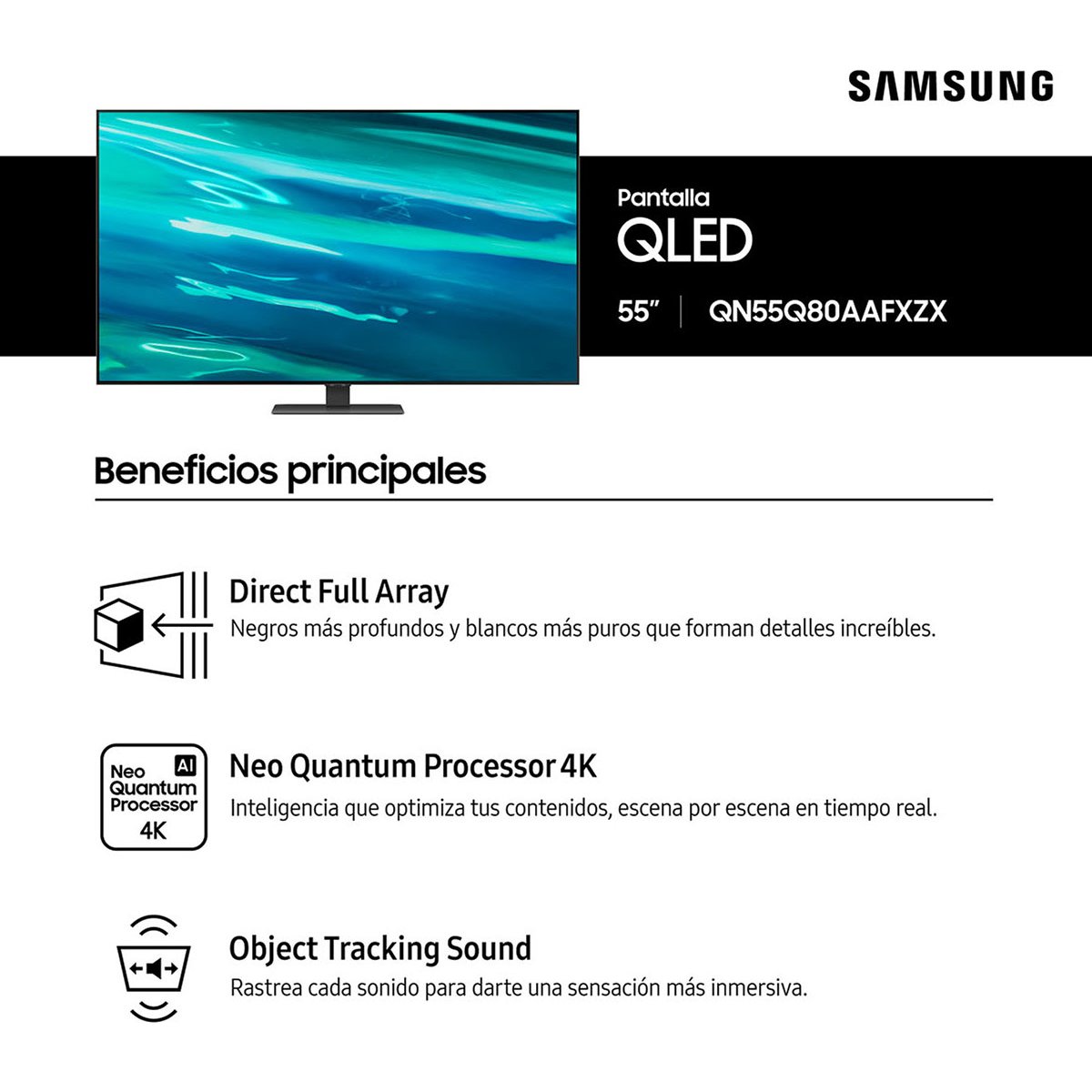 Paquete Pantalla Samsung 55" Smart Tv Qled 4K Qn55Q80Aafxzx + Barra de Sonido Samsung Hw-T400/zx