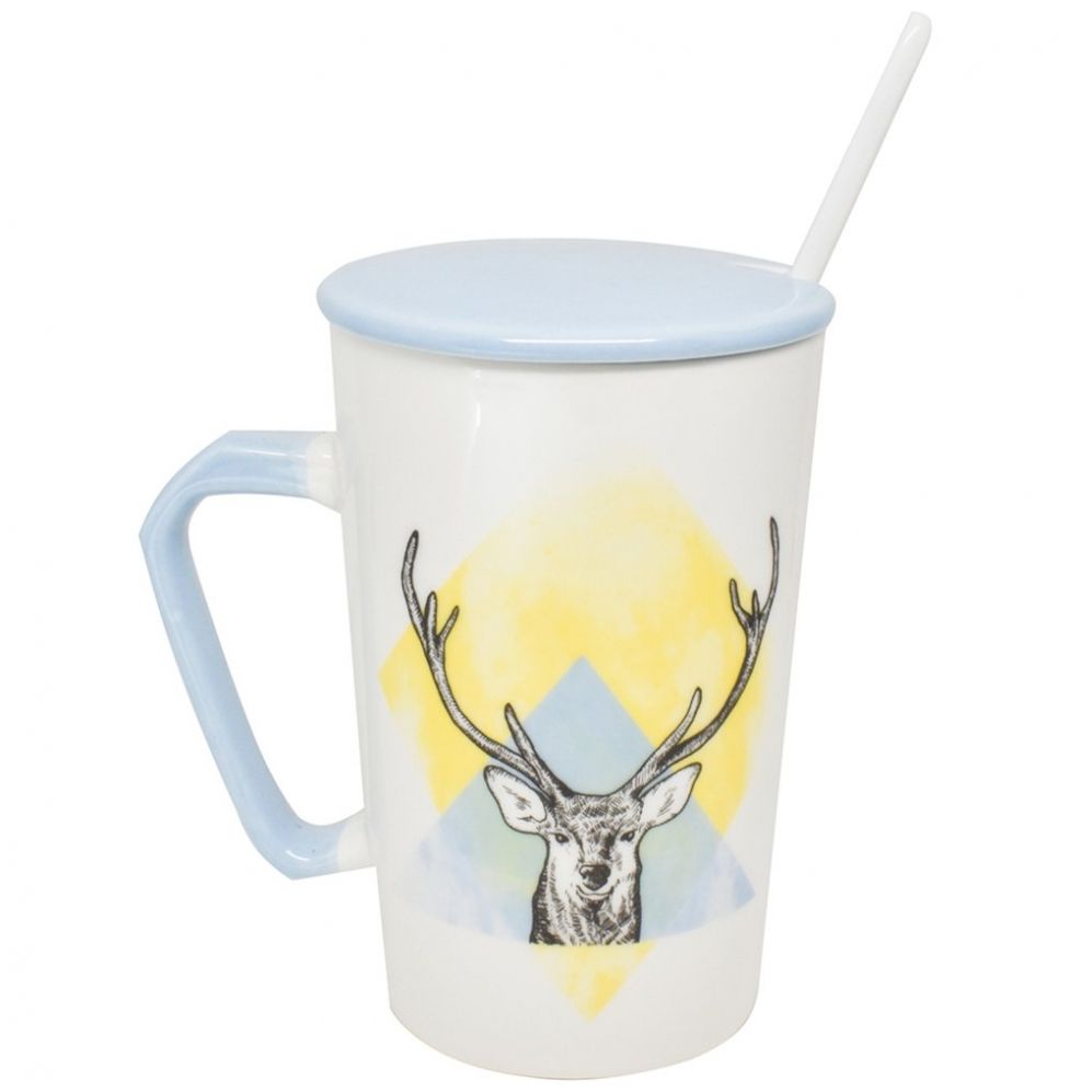 Taza Cerámica Distinto con Tapa Y Cuchara Venado