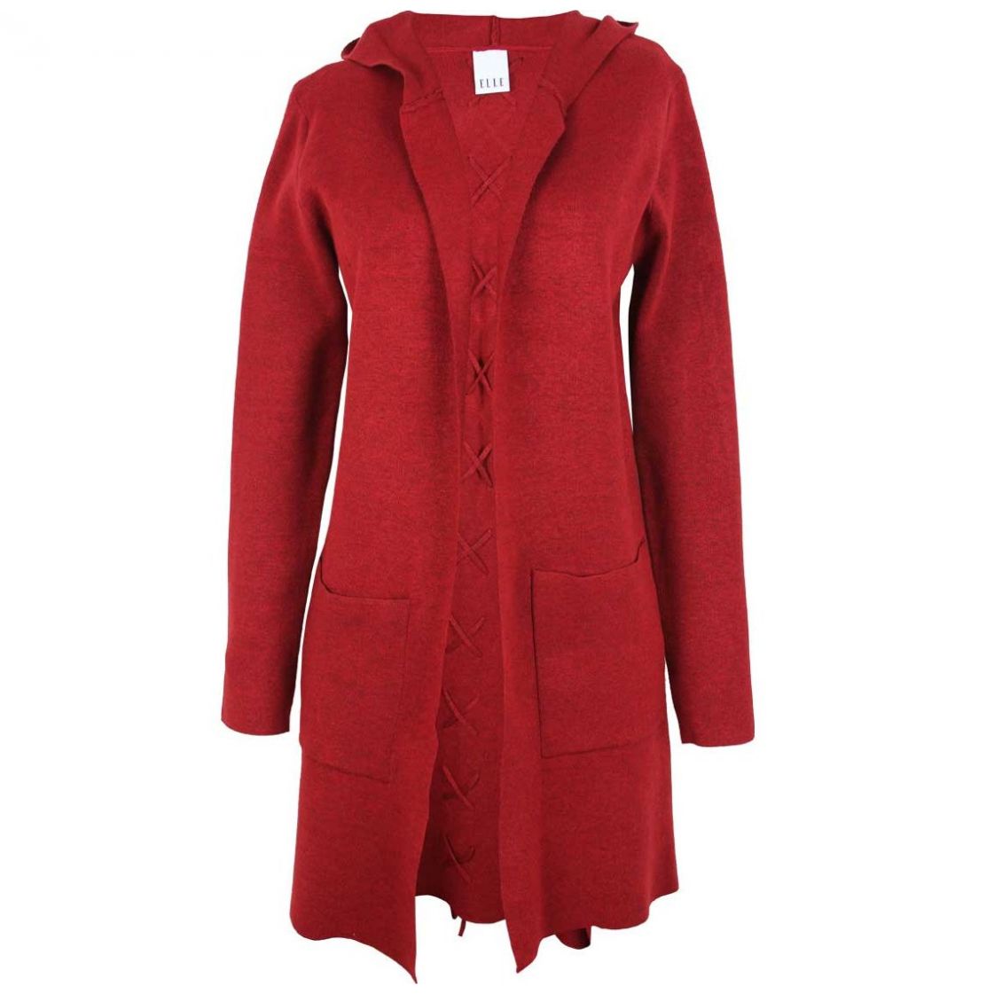 Suéter Rojo Obscuro Cuello Abierto Diseño Largo con Bolsas Elle