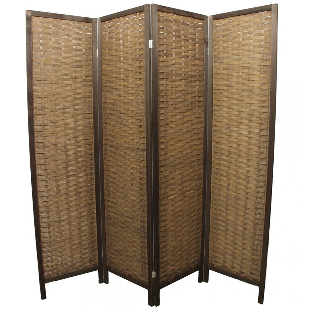 Home Nature Biombo 4 Paneles de Bambú Color Café con Marco de Madera 180*45 Cm