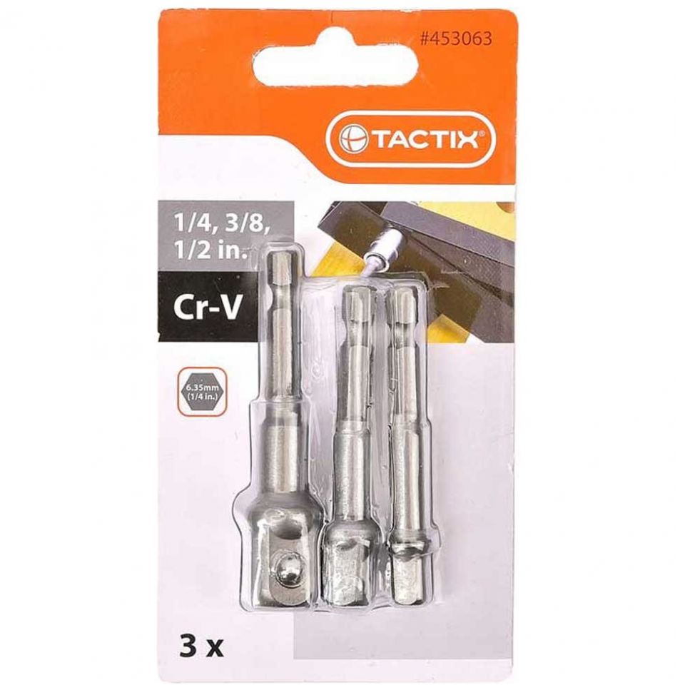 Juego 3Pz Adaptador Taladro Dados 1/4, 3/8, 1/2 Cromo Vanadio Tactix
