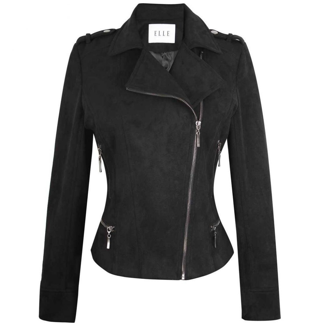 Chamarra Cuello Solapa Diseño Lisa Negra con Cierres Elle