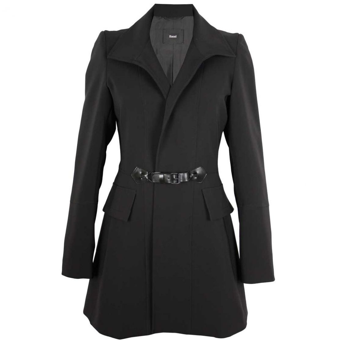 Abrigo Manga Larga Cuello Solapa Diseño Liso Negro con Cinto Basel