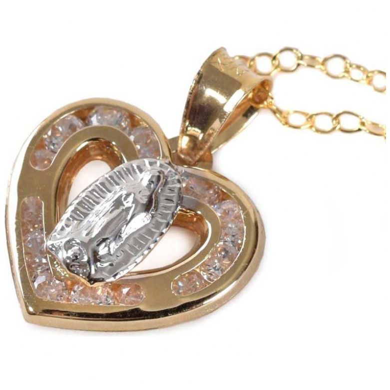 Dije Virgen en Corazón Oro 14K Doble o