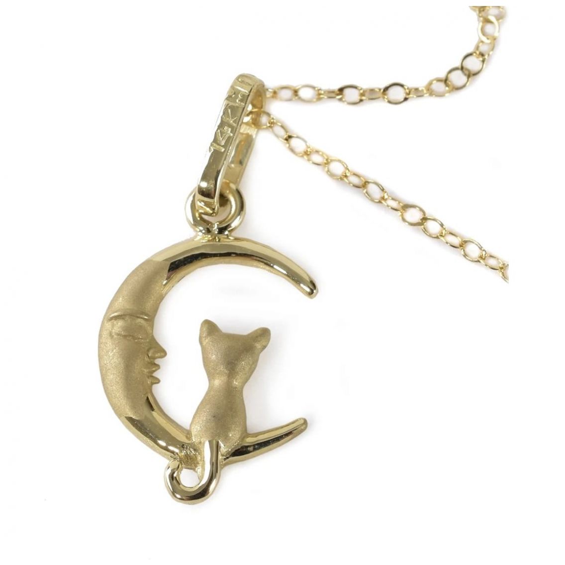 Dije Gato en la Luna Oro Amarillo 14K Doble o