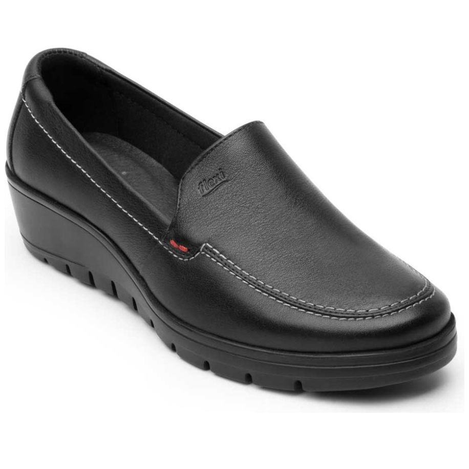 Mocasín Negro para Mujer con Cuña Suela Dentada Flexi