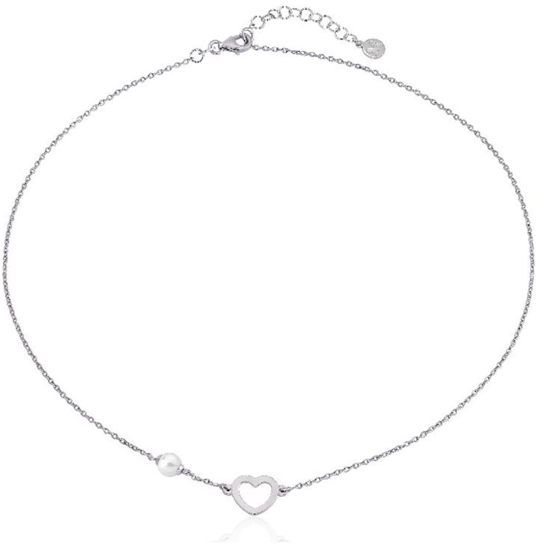 Collar Majorica Plata Rodiada Forma Corazón Perla Blanca 5Mm