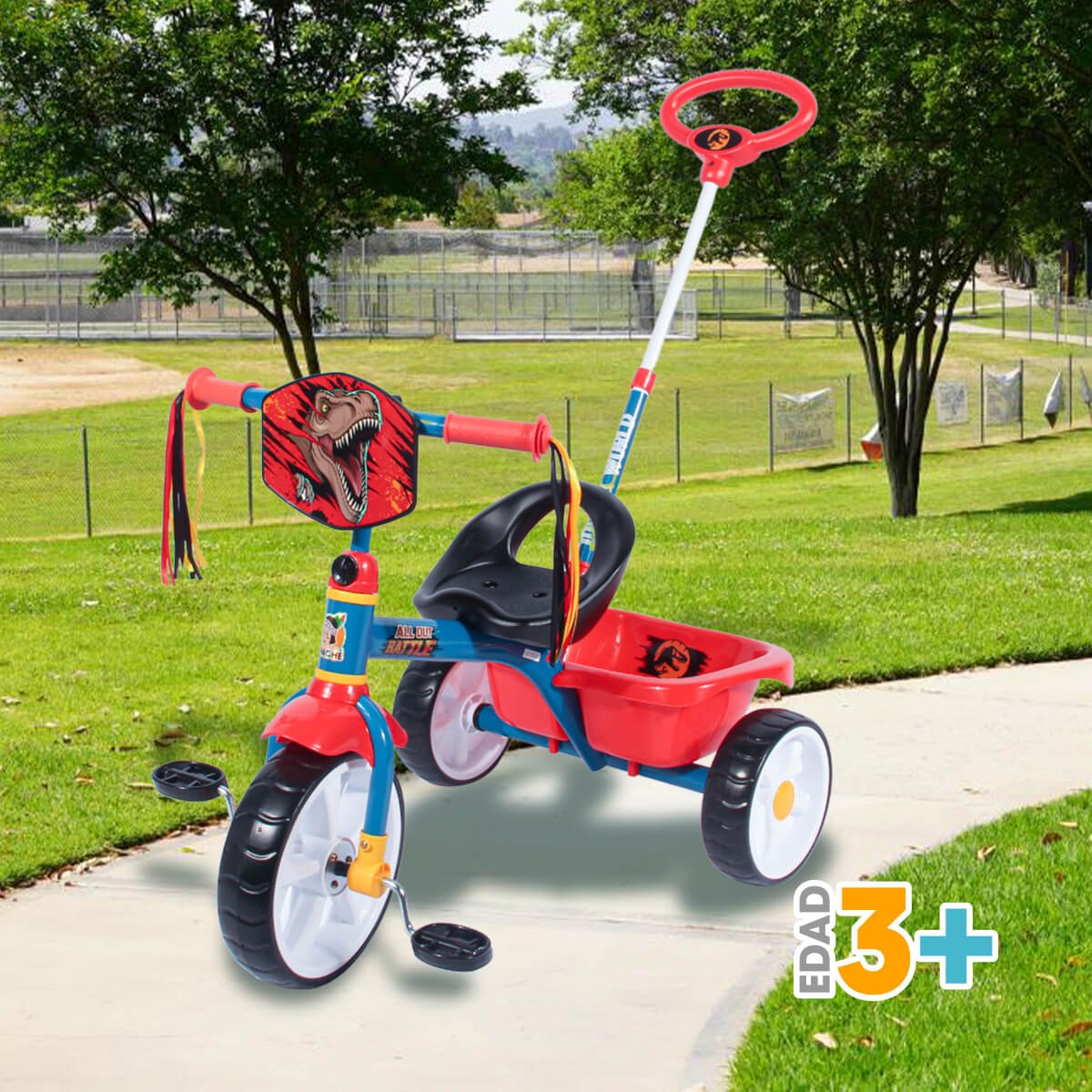 Triciclo Jurassic Deluxe Pushbar Trike Big Tipper Flying Wheel