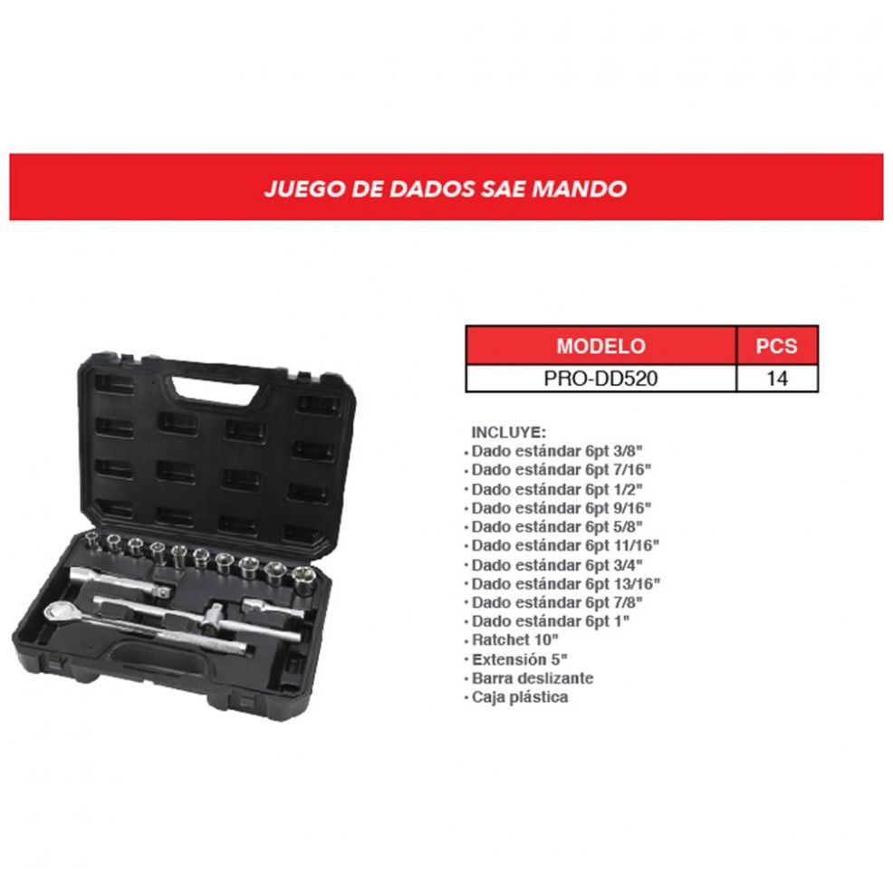 Juego Autoclet Dado 14 Piezas 1/2" - 3/8" a  1" Promaker