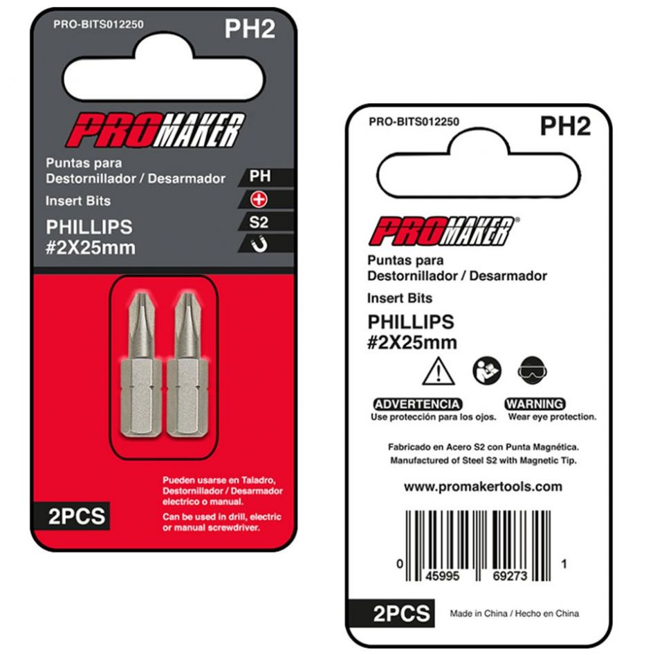 Puntas para Desarmador 2 Piezas Phillips 2 X 25Mm Promaker