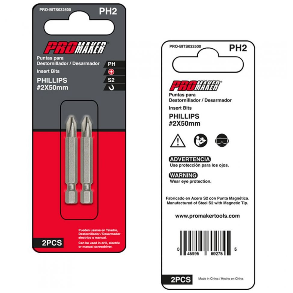 Puntas para Desarmador 2 Piezas Phillips 2 X 50Mm Promaker