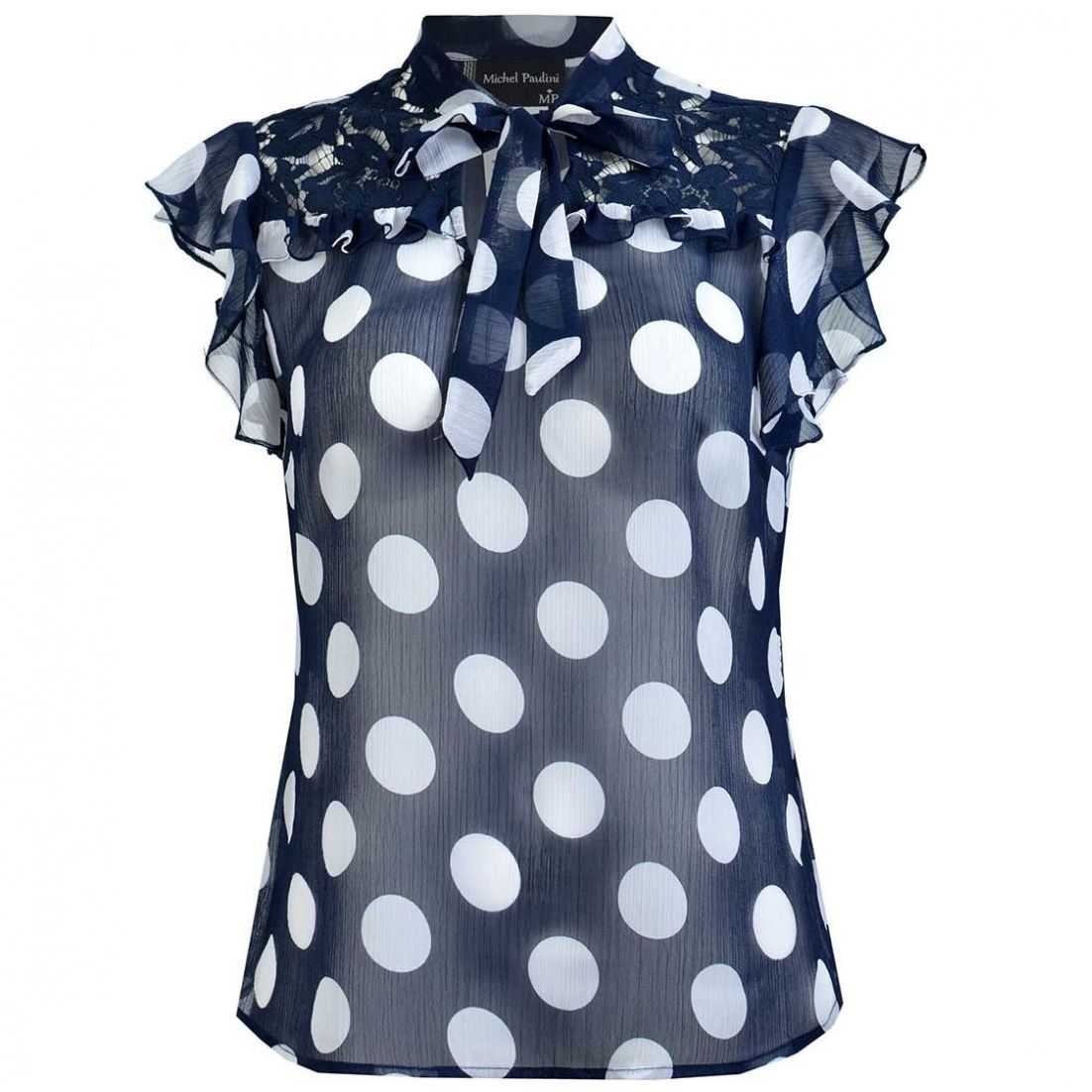 Blusa Lunares Cuello Alto con Encaje Michel Paulini para Mujer Petite