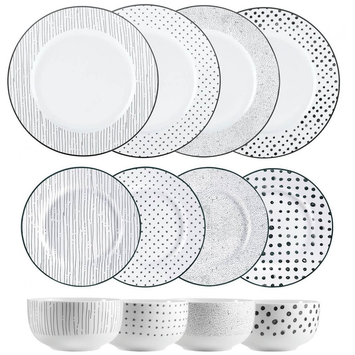 Vajilla 12 Piezas Sketch Negro con Blanco Safdie