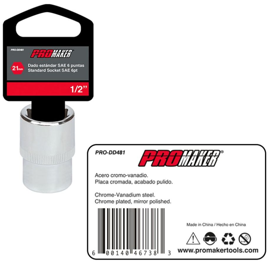 Dado Corto Hexagonal Cromado 1/2" X 21Mm Promaker