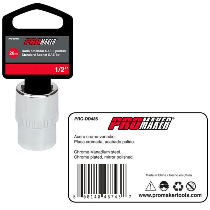 Dado Corto Hexagonal Cromado 1/2" X 26Mm Promaker