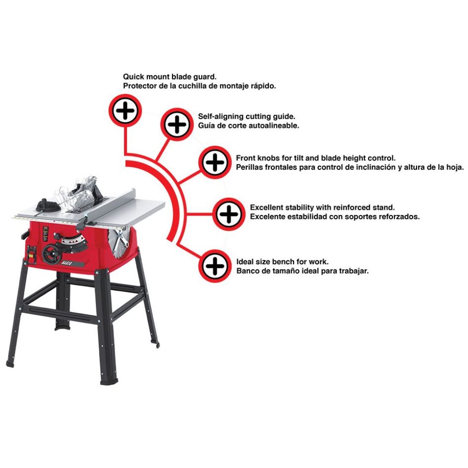 PROMAKER Sierra de Mesa, 10 15.5-Amp 5000RPM 1800W, Sierra de Mesa de  Sobremesa de 0-45º hasta 0º-90º Corte biselado. Sierra de mesa 10 con  soporte