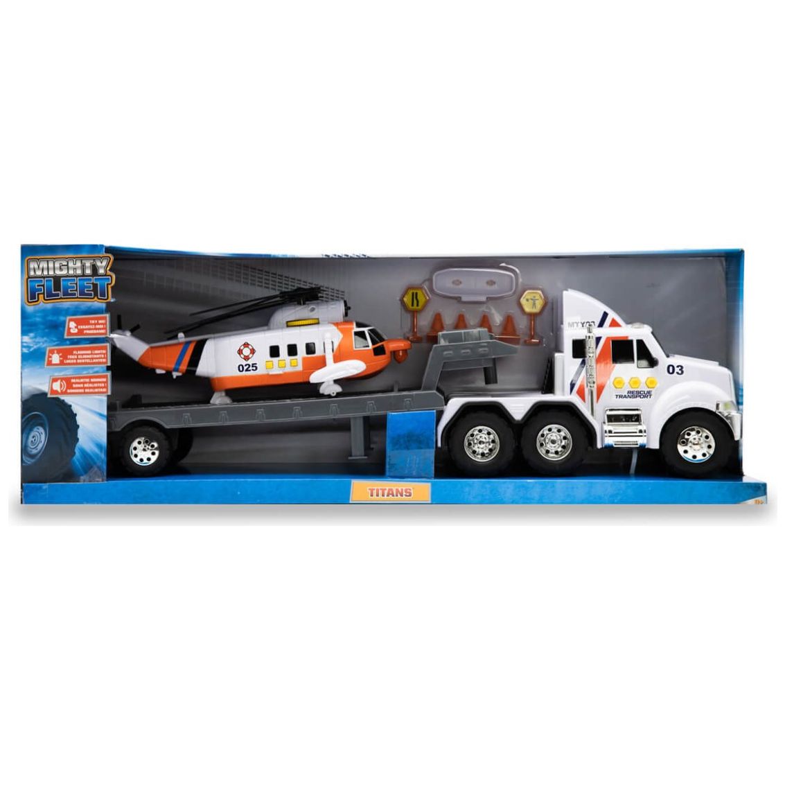 Titanes Camión de Plataforma con Helicóptero Mighty Fleet