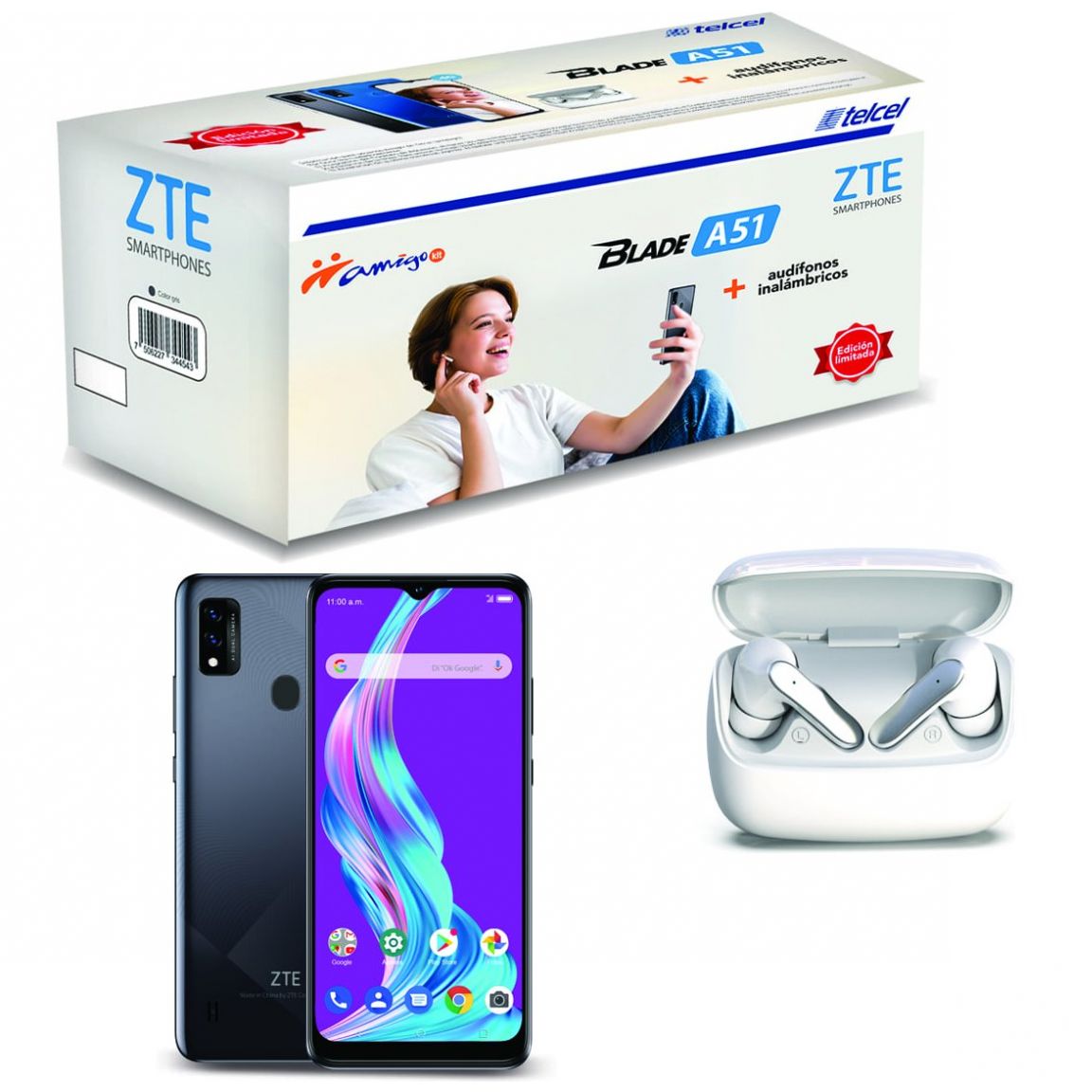 Paquete Celular Zte A51 Color Gris R9 (Telcel)+ Audífonos