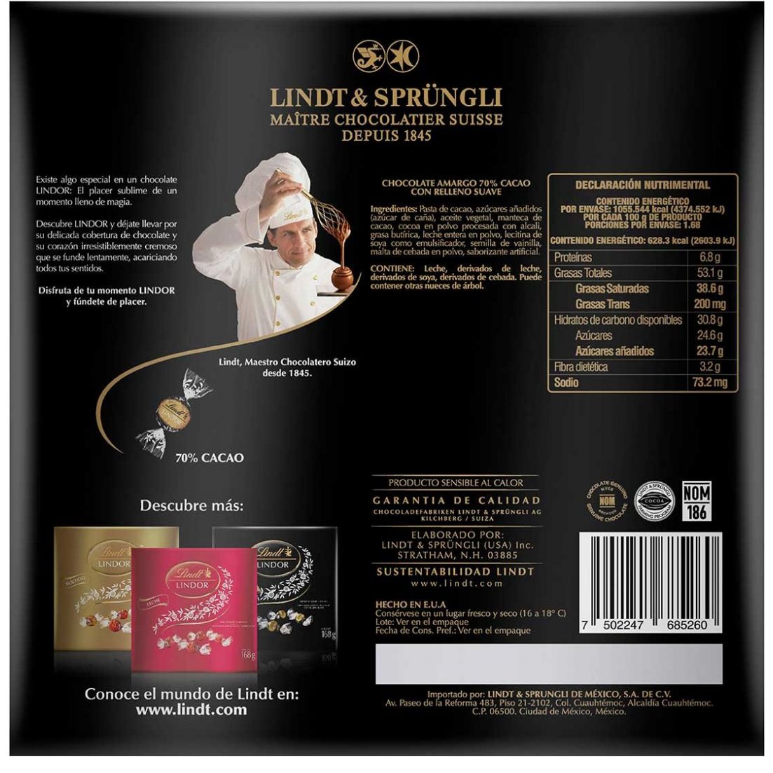 Caja de Chocolates 70% Cacao 168 Gr Lindor