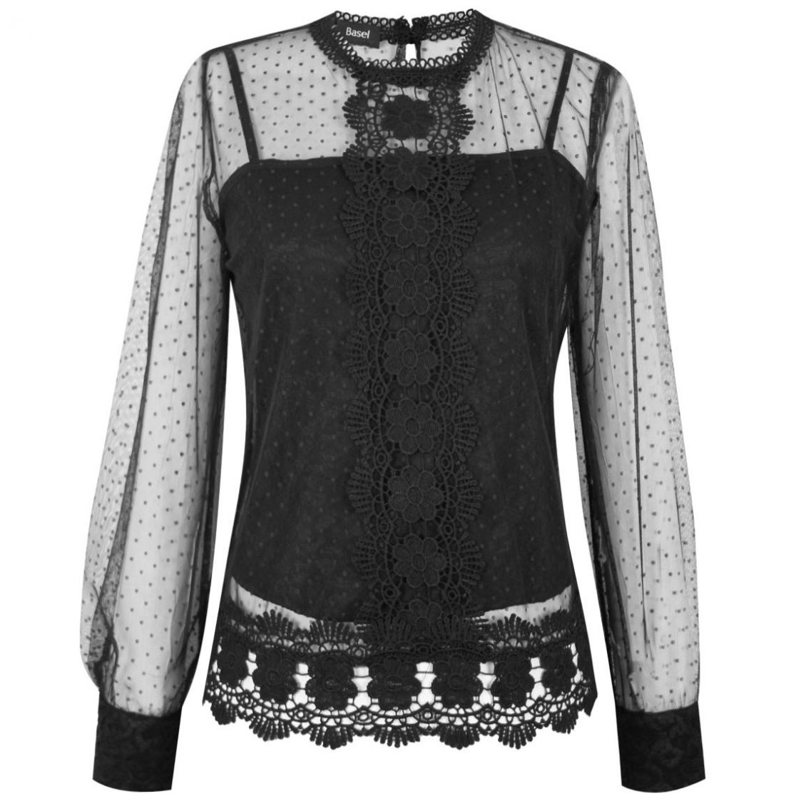 Blusa Basel Manga Larga Cuello Alto Diseño Encaje