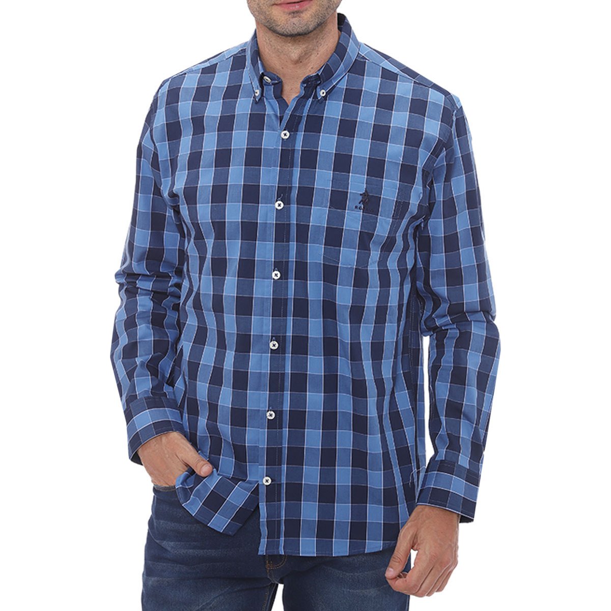 Camisa Manga Larga Cas Cuadros Azul Rcb Polo Club P11095 para Hombre