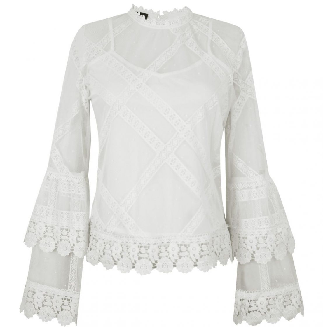 Blusa Manga Campana Tira Bordada en Ruedo, Puños y Cuello Basel