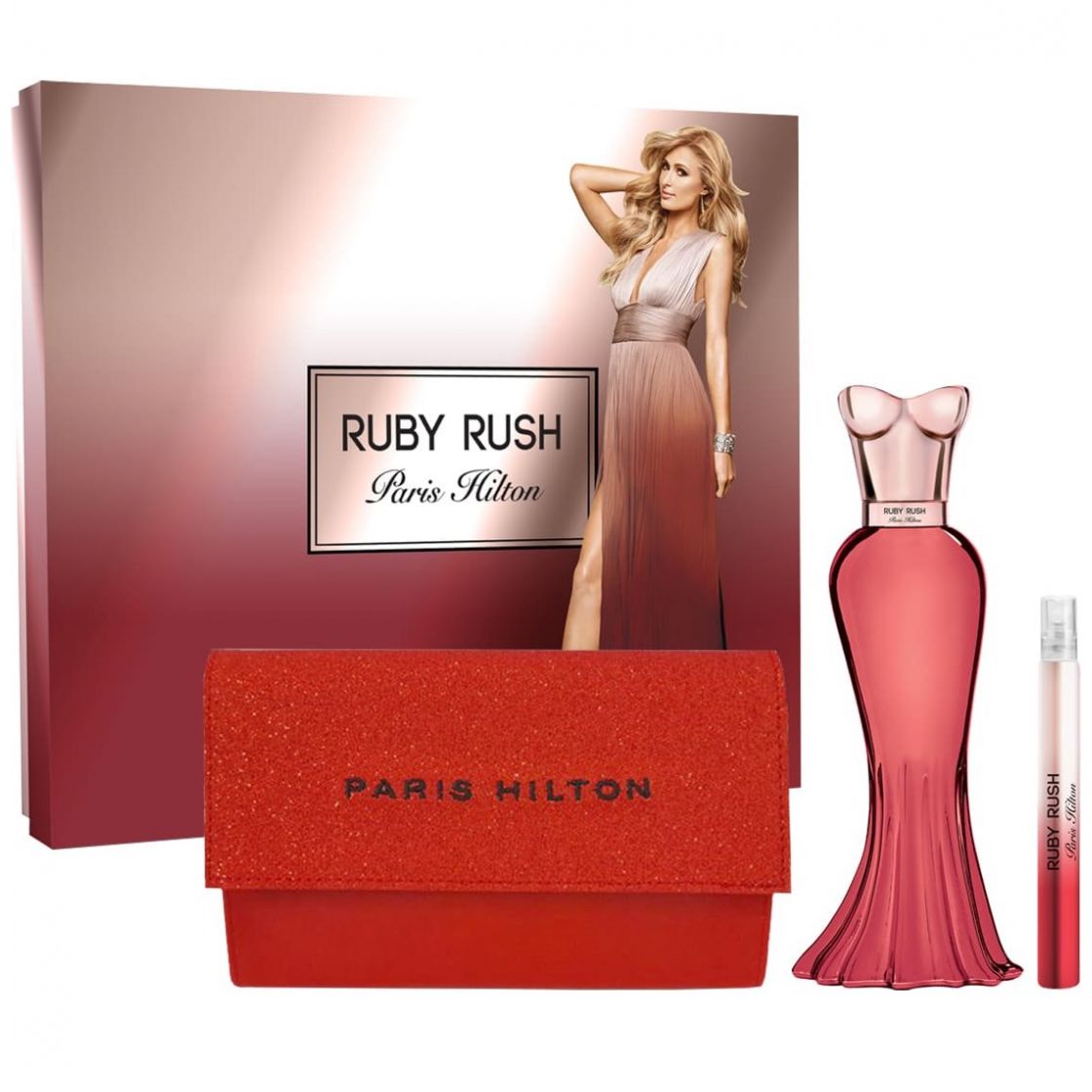 Set Fragancia para Mujer  Paris Hilton Ruby Rush Edp 100 Ml + Perfumero 10 Ml + Cartera