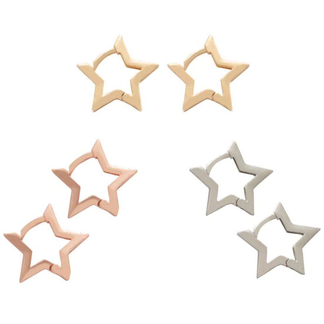 Set de Huggies de Estrella en Tres Colores (Dorado, Plateado Y Rosa) Bañados en Oro de 24 Kilates Gold Wishes