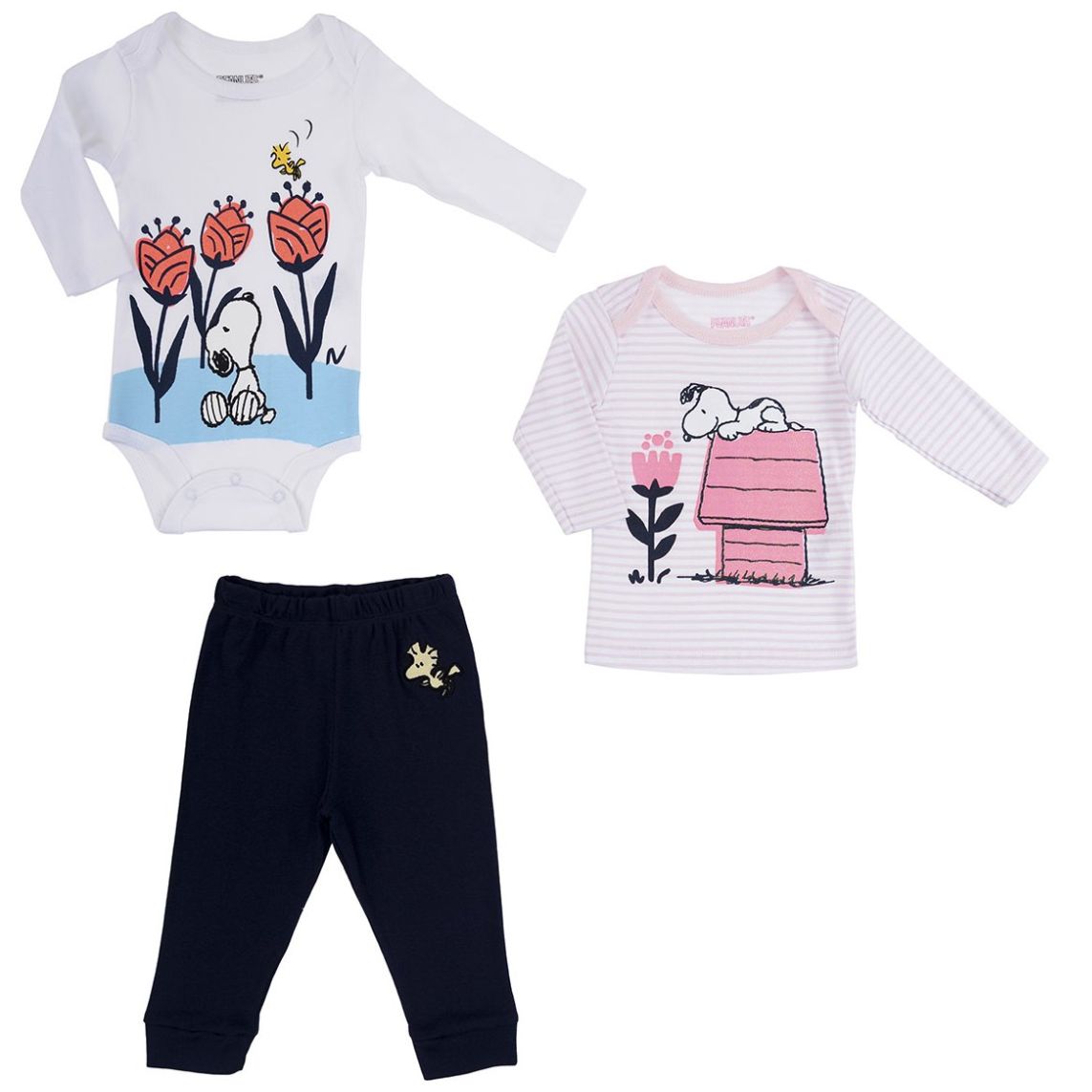 Set 3 Piezas Estampado Y Bordado Snoopy para Bebé