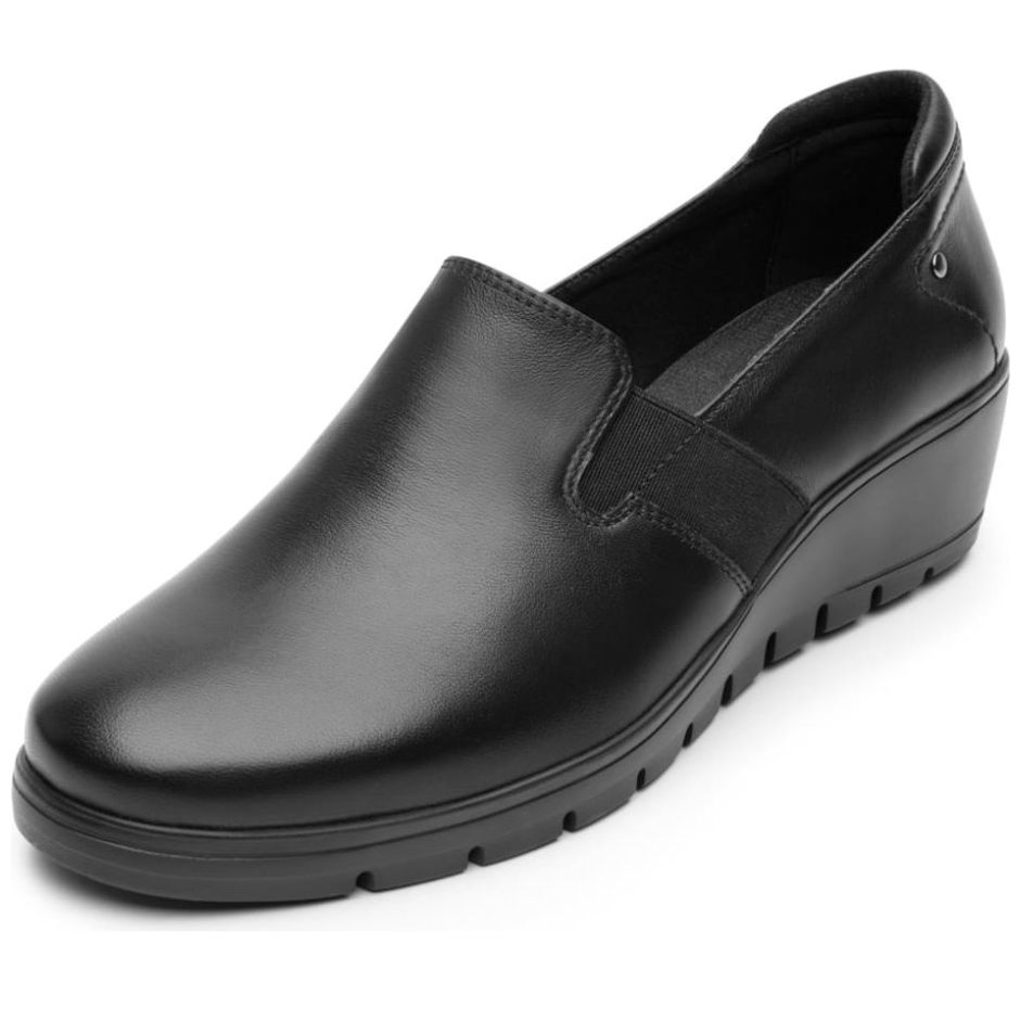 Mocasín para Dama, Tacón Cuña, Elástico Lateral, Color Negro Flexi