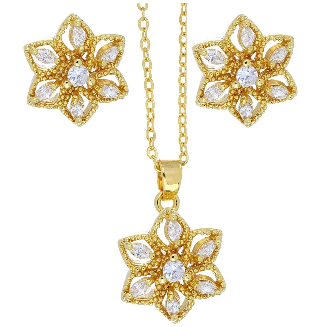 Juego Aretes, Dije Y Cadena Flor con Acabado en Chapado Oro Farfalla