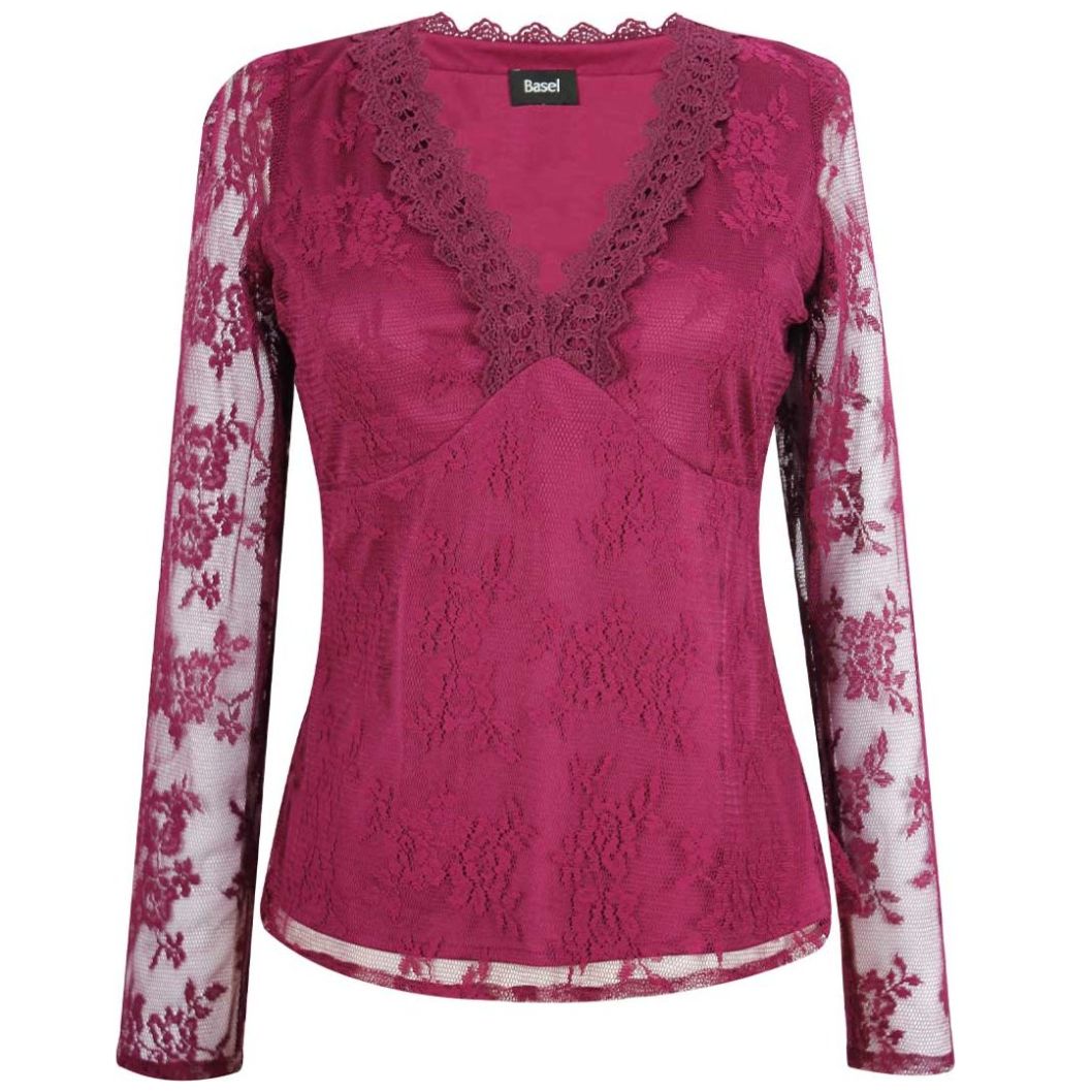 Blusa Basel Manga Larga Cuello V Diseño de Encaje