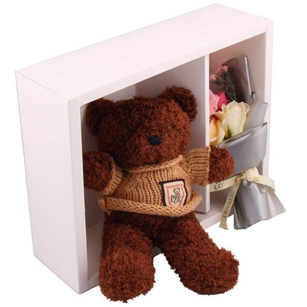 Home Nature Caja de Regalo con Bouquet Y Oso de Peluche Café 30.5*24*9.5 Cm