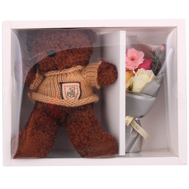 Home Nature Caja de Regalo con Bouquet Y Oso de Peluche Café 30.5*24*9.5 Cm