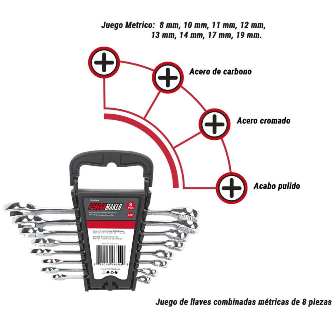 Juego de 8 Llaves Combinadas  Promaker Milimétricas