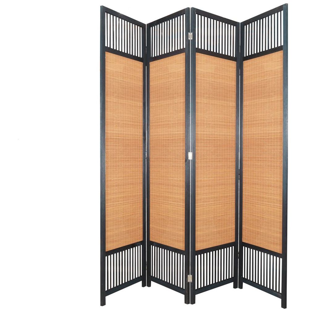 Home Nature Biombo de Madera y Marco de Metal Negro  4 Paneles 180*45 Cm Natural