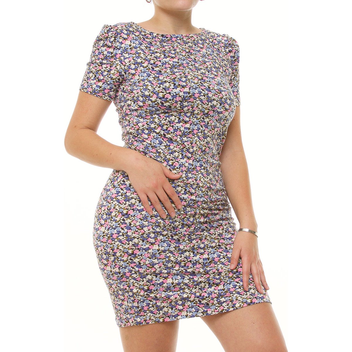 Vestido Corto Recto Manga Corta Cuello Redondo