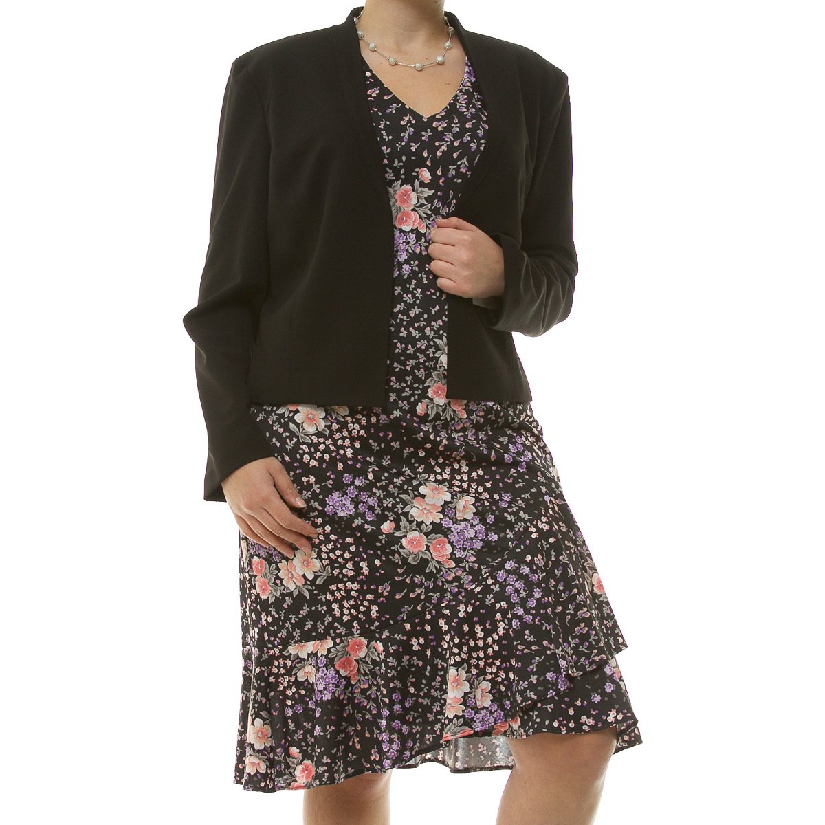 Conjunto de 2 Piezas Saco Liso Vestido Estampado para Dama Diva