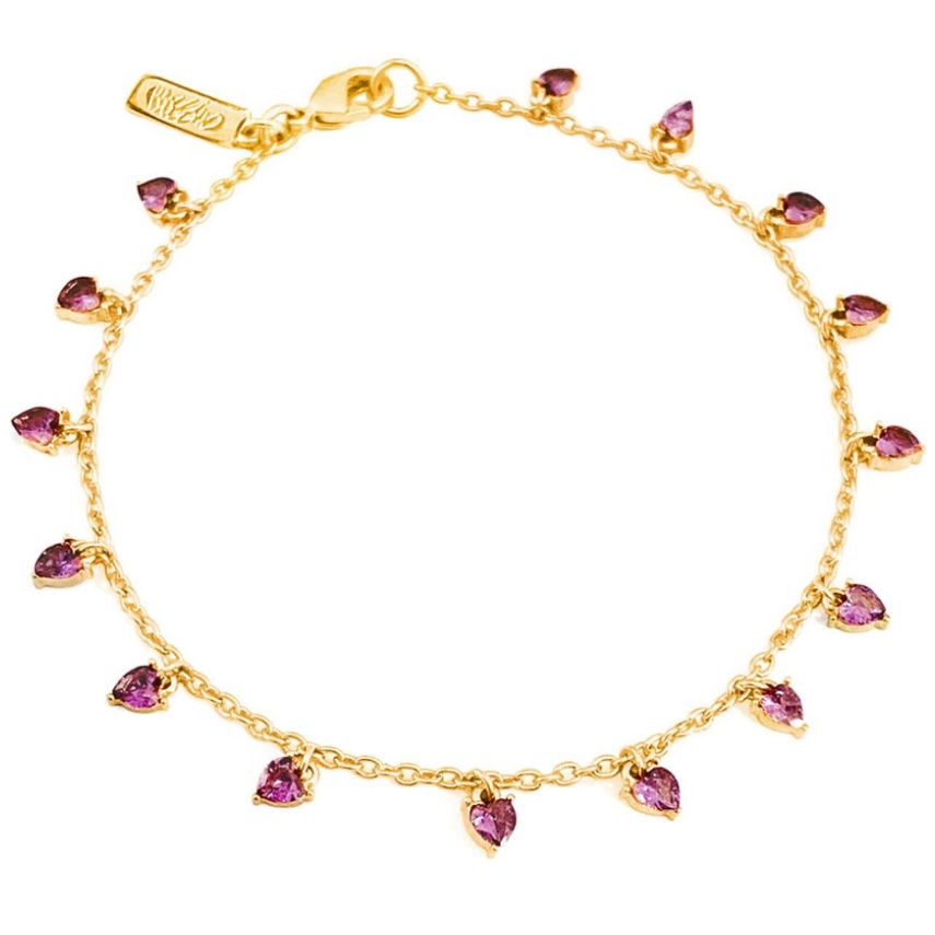 Pulsera en Dorado con Multicharms de Circonias Facetadas en Forma de Corazón Color Amatista Mossimo