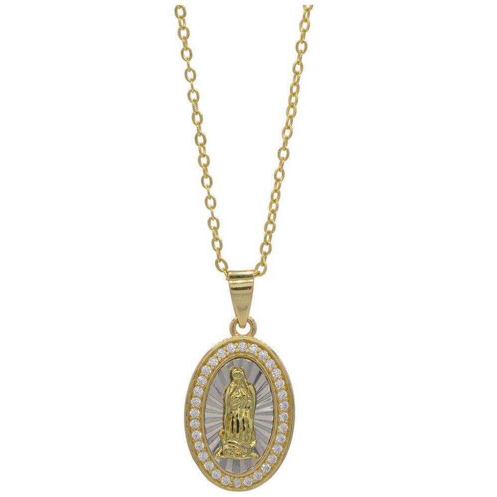 Medalla de la Virgen en Dorado Y Rodio con Diseño Delicado Y Mini Circonias Joyería Religiosa