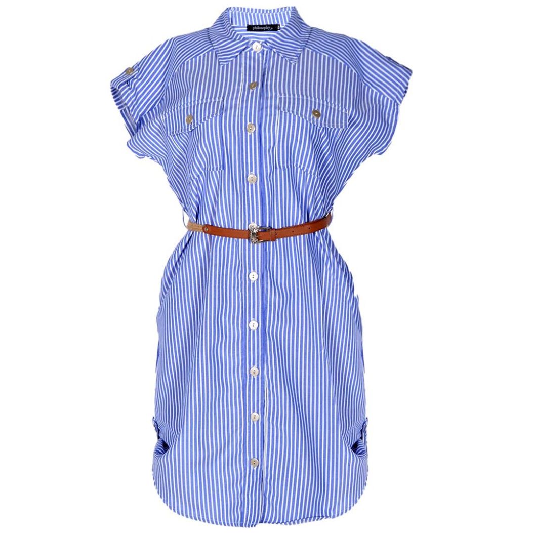 Vestido Corto de Estampado a Rayas con Botones Y Cinturón en Combinación Philosophy