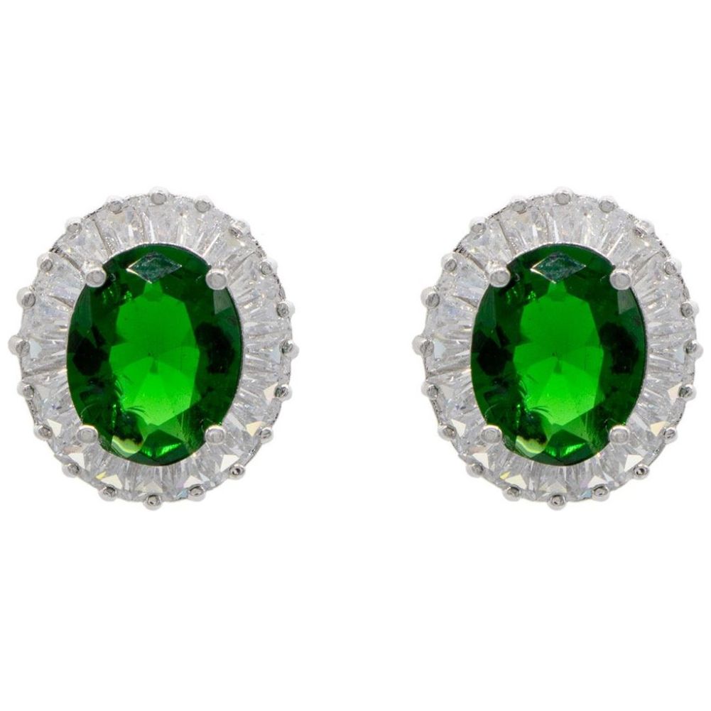 Aretes Oval Esmeralda con Circonias Acabado Rodio Queen Victoria