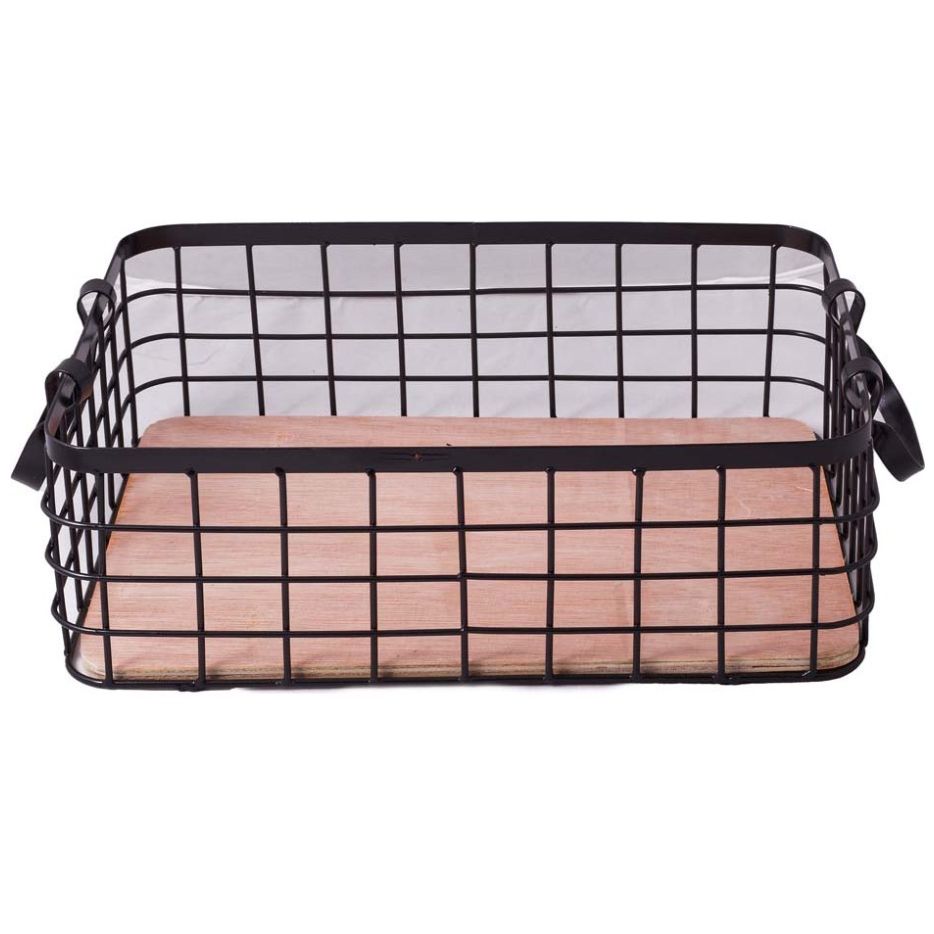 Home Nature Canasta de Metal Grande Negro con Base de Madera 37*26*12.3 Cm
