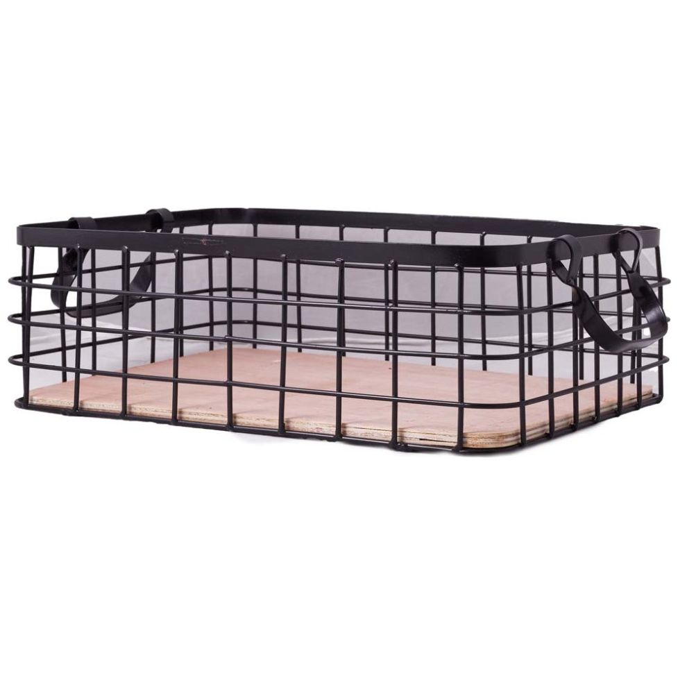 Home Nature Canasta de Metal Grande Negro con Base de Madera 37*26*12.3 Cm