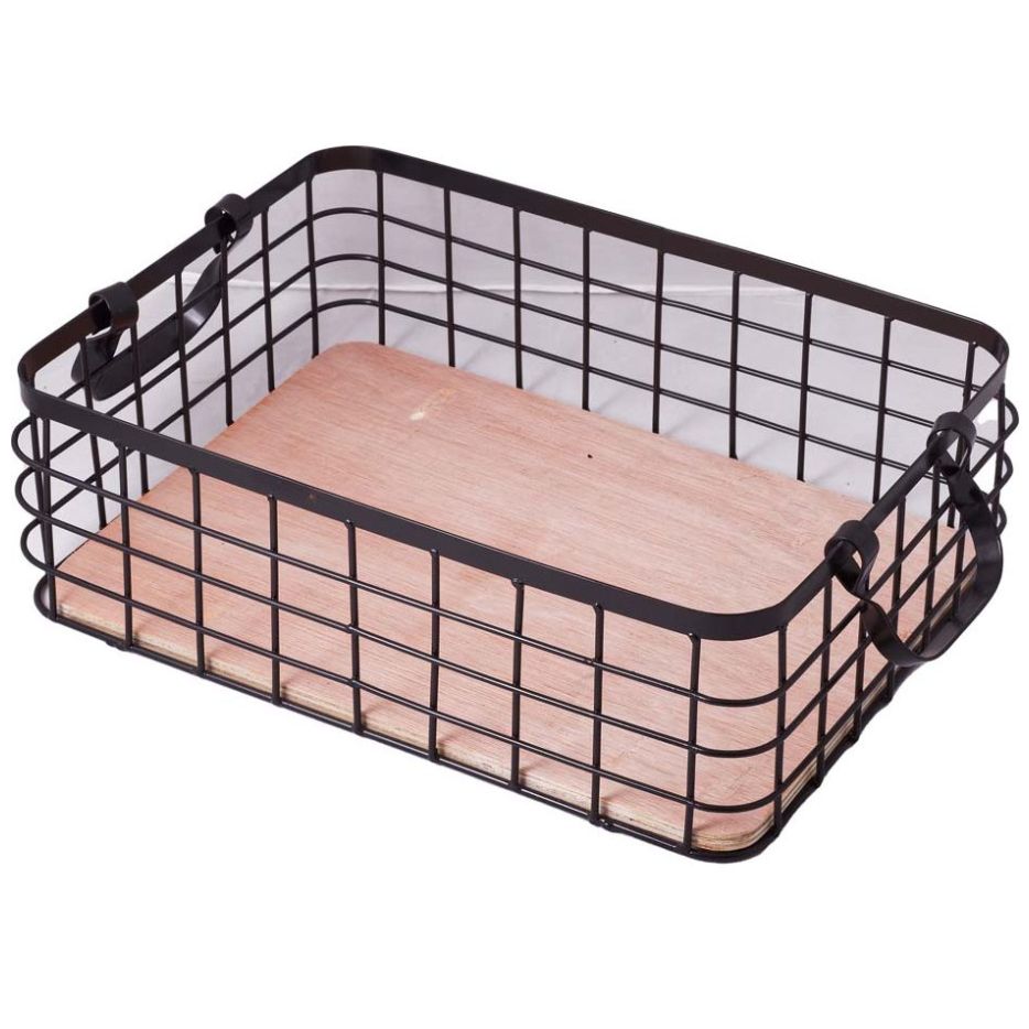 Home Nature Canasta de Metal Grande Negro con Base de Madera 37*26*12.3 Cm