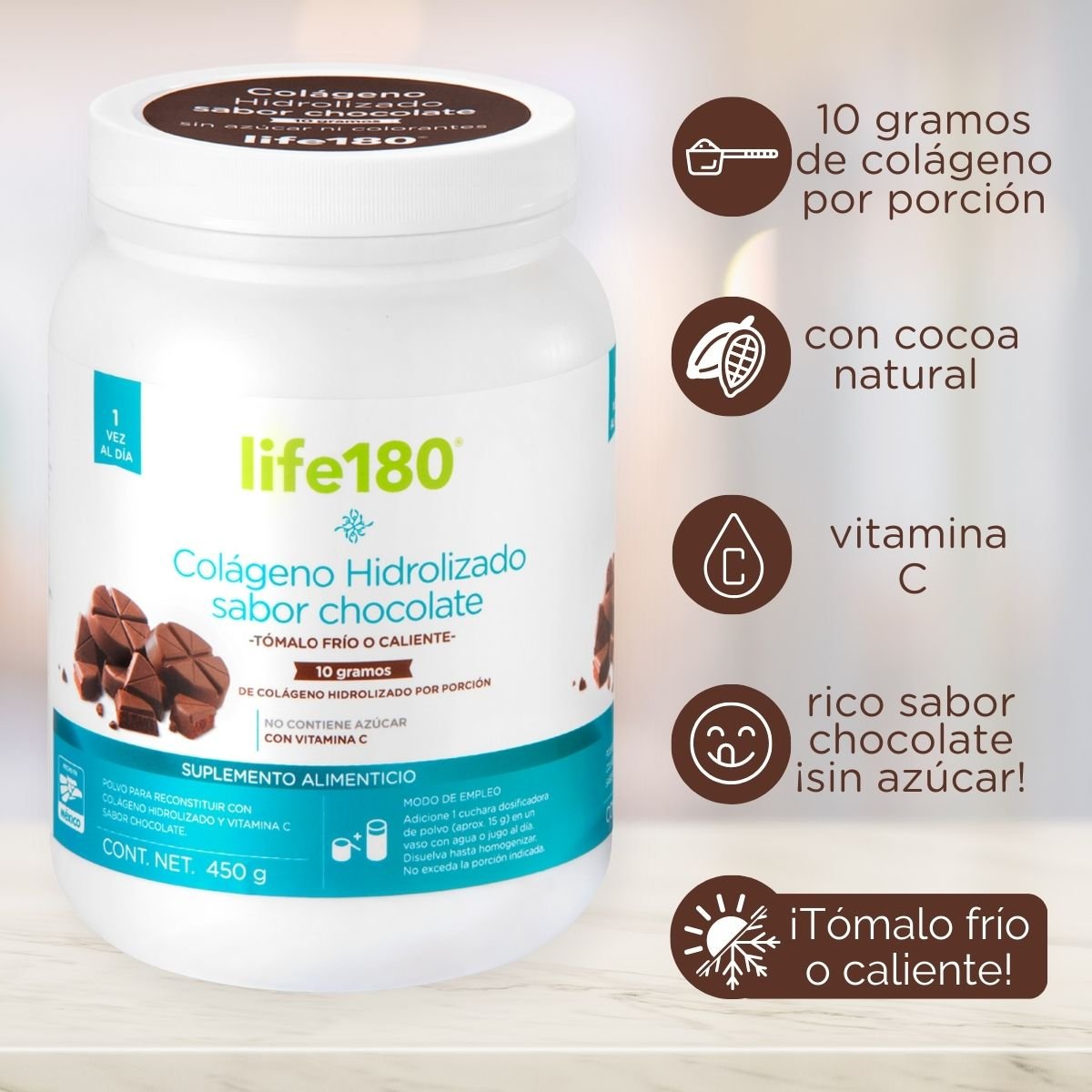 Colágeno Hidrolizado Life 180 Sabor Chocolate de 450Gr