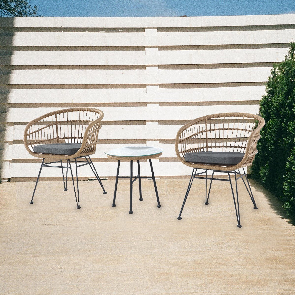 Home Nature Set de Jardín Mesa Redonda Y 2 Sillas de Rattan con Cojín